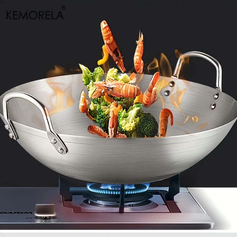 KEMORELA 1PCS Stainless Steel Wok Uncoated 26/28/30/32/34cm High Quality Double Handle Chef Pan for Home Stir-fried Beef Cooking