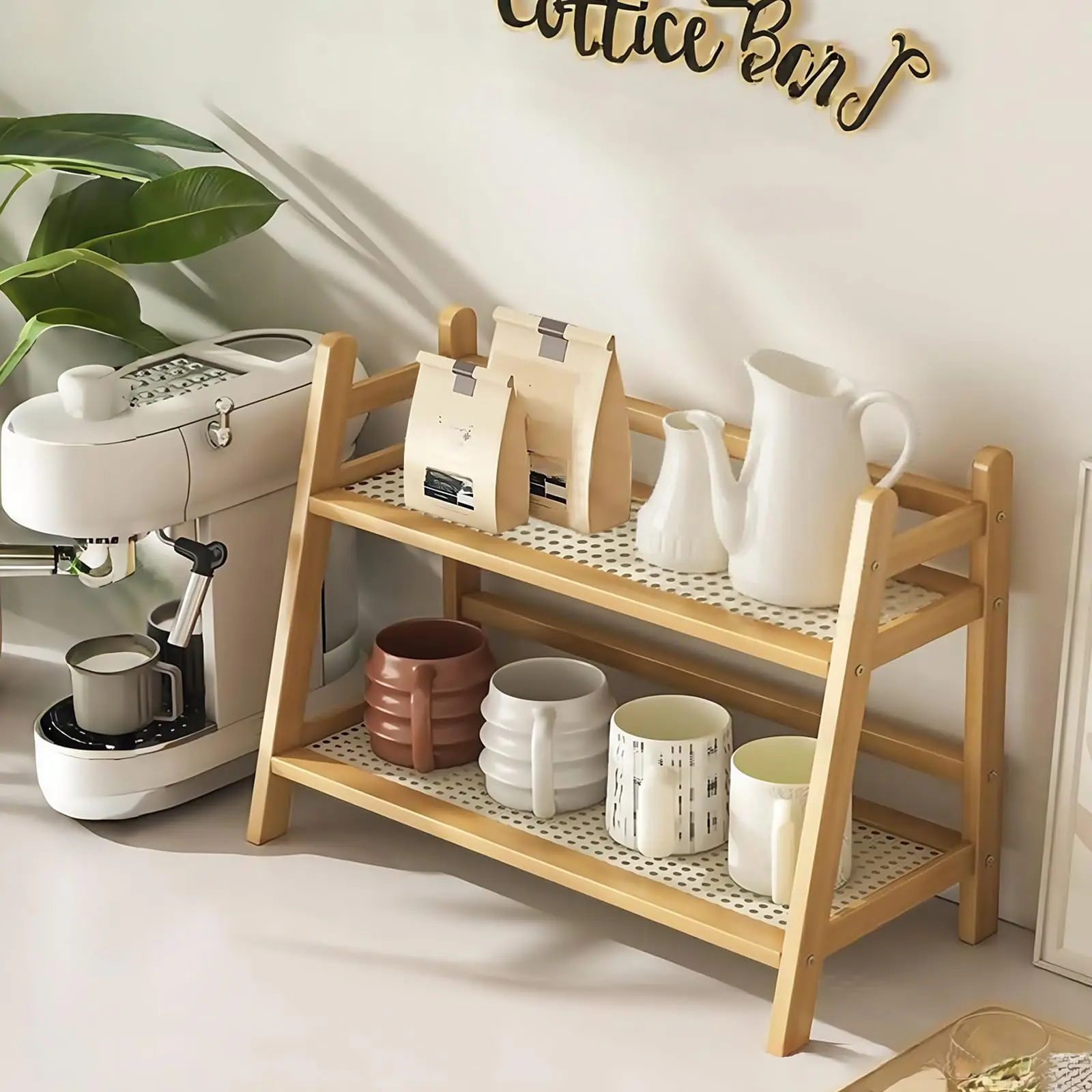 2 Tier Wicker-Look Coffee Station Organizer, Bamboo Mug Holder Countertop, Kitchen Counter Shelf for Tea Coffee Bar Accessories